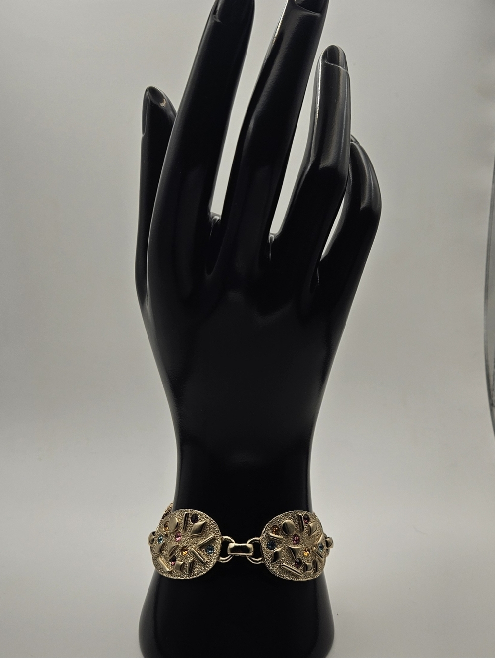Vintage Sarah Coventry Gold Tone Multi Color Rhinestone Abstract Link Bracelet - Picture 3 of 8